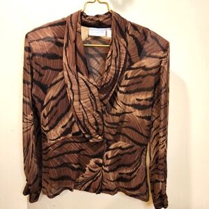 Liz Claiborn Vintage Stylish Brown Animal Print 100% Silk Blouse Size 4